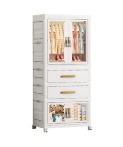 Ollieroo Plastic Modular Storage Cabinet – PP/PET/ABS Wardrobe with 2 Drawers, Foldable Box, Hanging Rod and 6 Hangers (Colors Random), Lockable Swivel Wheels, Pre-Installed Handles, and Magnetic Doors for Bedroom, Closet, or Living Room, 54 × 34 × 130 cm