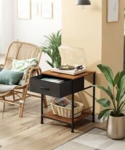 XiuWoo Nightstand with Fabric Drawer and Open Wood Shelf Rustic Brown and Black End Table, Bedside Furniture with Steel Frame, Easy Assembly for Bedroom or Dorm