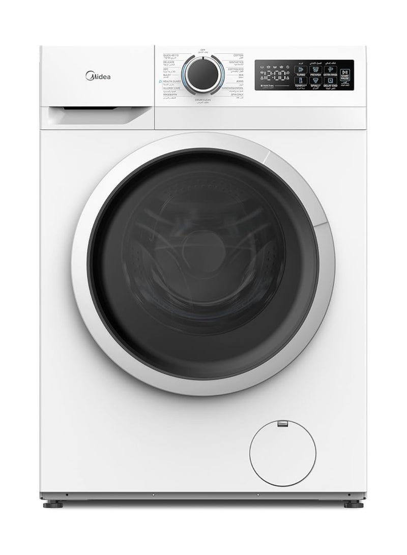 Midea 8KG Front Load Washing Machine With BLDC Inverter Motor, 1400 RPM, 15 Programs, Fully Automatic Washer With Lunar Dial, Integrated Digital Control-LED Display, Water Cube Drum 8 kg MF110W80B/W-GCC White