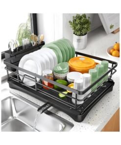 ZIMNEST Dish Drying Rack - Stainless Steel Dish Rack for Kitchen Counter, Large-Capacity Dish Drainer with Cutlery Holder, Kitchen Organizer for Dishes, Spoons and Forks, Black