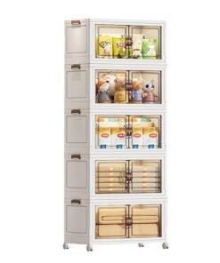 Ollieroo Five-Tier Foldable Plastic Storage Cabinet with Wheels – PP Organizer with Transparent Magnetic Doors, Stackable and Space-Saving Design for Kitchen, Bedroom, or Living Room, 65 × 42 × 179.5 cm
