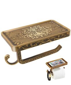 Toilet Paper Holder with Phone Shelf, Anti-Rust Aluminum Toilet Paper Roll Holder, Antique Carving Wall-Mounted Toilet Tissue Holder with Storage Shelf for Bathroom Washroom Hotel