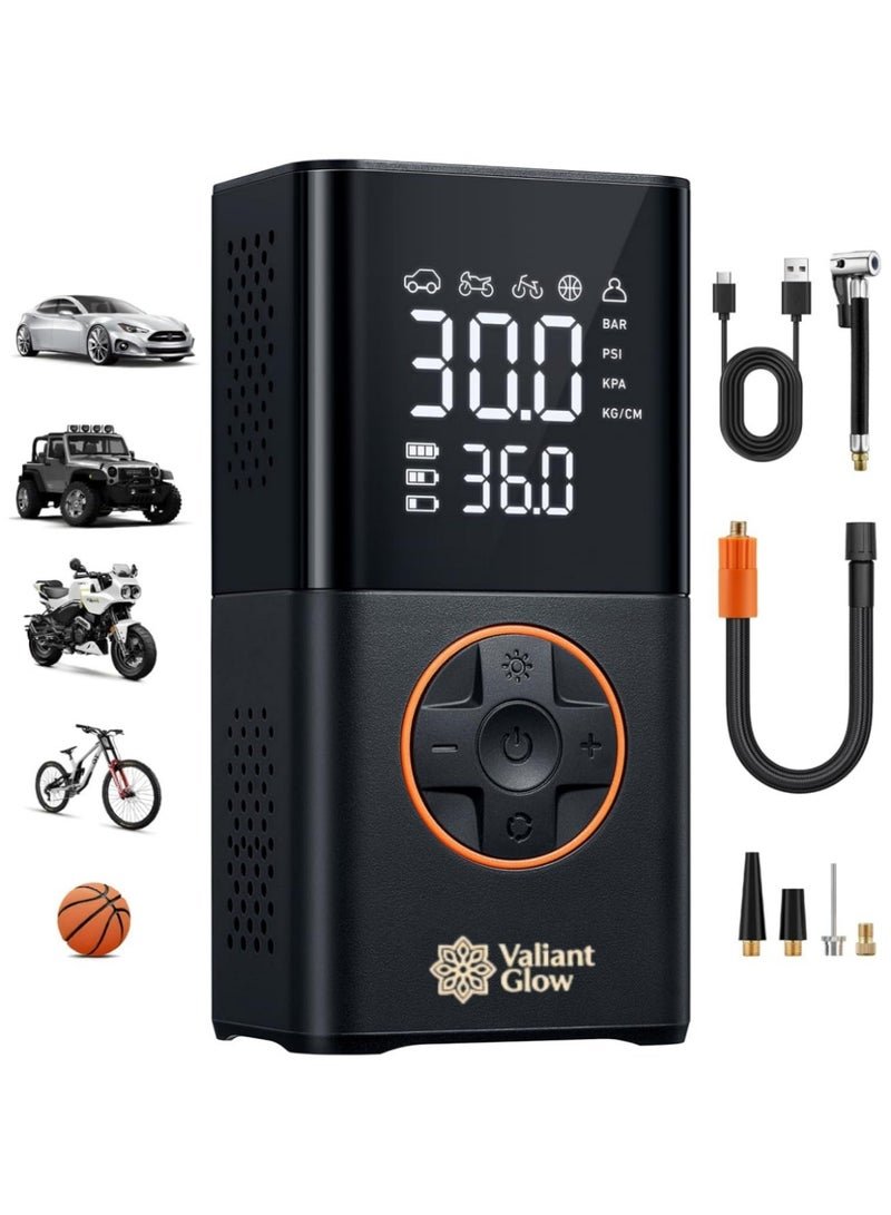 Valiant Glow Air compressor tire inflator (4 nozzles) | Portable cordless bicycle pump | with digital dual-value display | 150 PSI car tire pump with LED light | Suitable for cars, motorcycles, bicycles, balls, inflatable mattresses, pool floats, and vacuum bags.