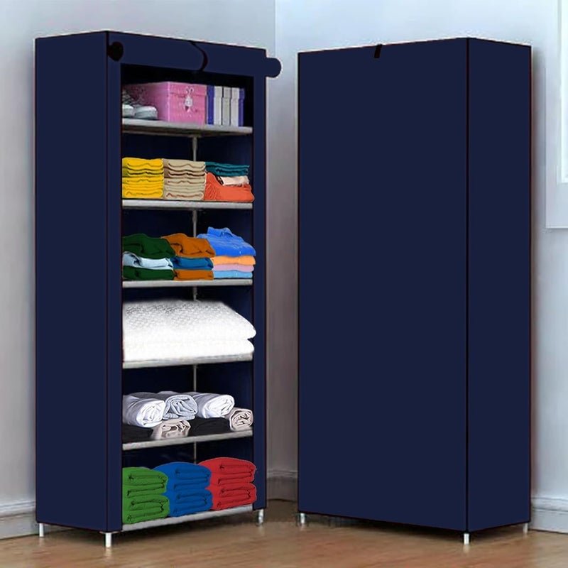 BONTEC Portable Collapsible Wardrobe for Clothes Storage – Foldable Cloth Organizer Cupboard with Shelves for Bedroom & Home (Durable, Space Saving Design) (Navy Blue)