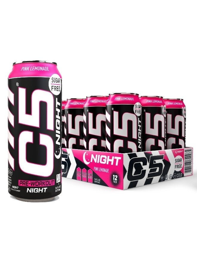 C5 Energy C5 Drink Night Pink Lemonade, Pre Workout, Zero Caffeine, Sugar Free, Zero Calories with Beta Alanine, L-Arginine 16fl.OZ, 473ml Caffeine Free Preworkout Pack of 12