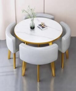 fashionhome Set of 5 Modern Compact Design Dinning Table Chair Set Round Ergonomic Chairs and Table for Kitchen Home Office Conference Room 80x75 and 59x73 cm