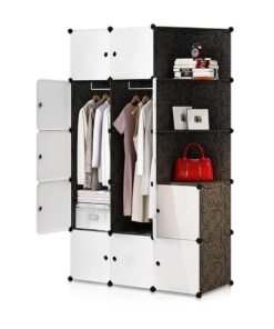 WALALLA Portable Closets Cube Wardrobe 15 Cube Modular Storage Cabinet with 2 Hanging Rail & Door Large Organizer Cupboard Combination Bedroom Armoire Plastic Bin Clothing Cabinet for Books Toys Towels Shoes