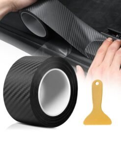 Car Sill Protectors Strips, 5 cm x 5 m Carbon Fibre Vinyl Wrap, Self Adhesive Car Door Sill Protector with Plastic Scraper, Suitable for Most Cars Such as SUV and Sedan (Black)