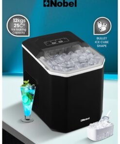 Nobel Ice Maker, 12Kgs 25°C Ice Capacity Daily, 1.3L Water Tank Storage, Bullet Ice Cube Shape, Water Shortage Indicator,Infrared Sensor, LED Display, R600a Refrigerant 12 kg 100 W NIM15S Black