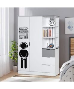 DANUBE HOME Gamerzone 2Door Wardrobe With 3Drawers Sturdy Closet Clothes Storage Cupboard For Kids Modern Design Space Saving Swing Door Cabinet For Bedroom L120Xw48Xh180Cm - White And Grey