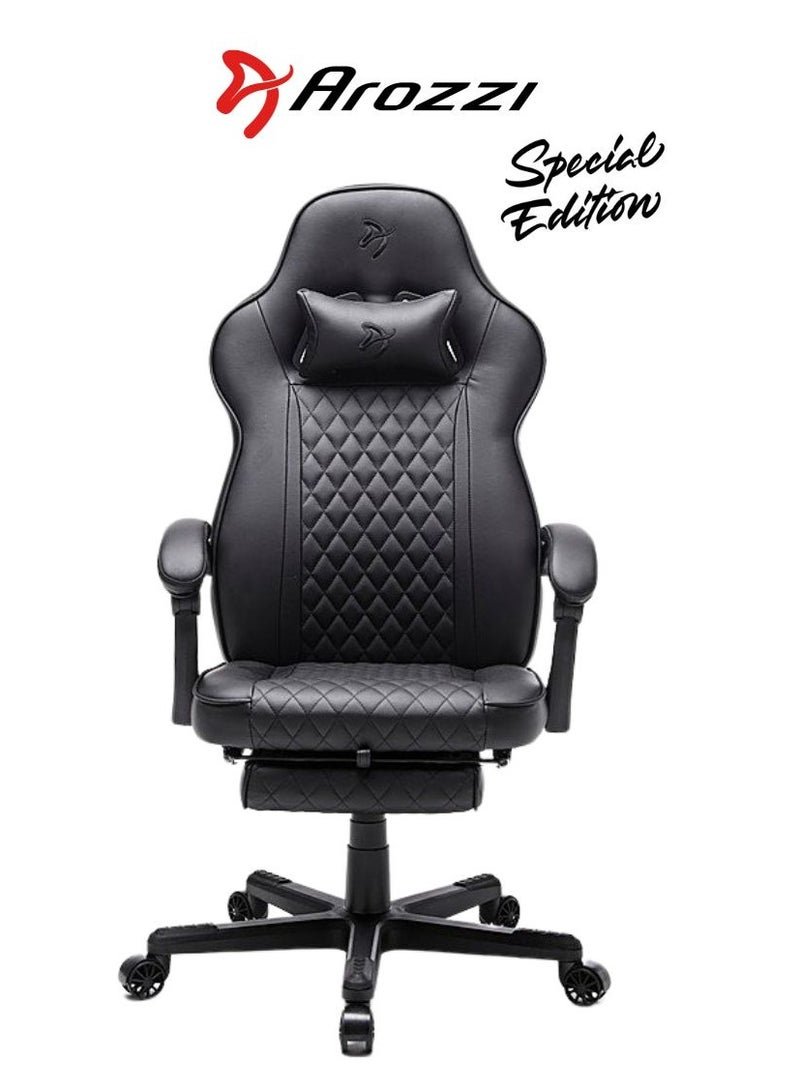 Arozzi Mugello Special Edition Gaming Chair/Office Chair with True Armrest, Footrest, PU Leather, Soft Neck - Pure Black