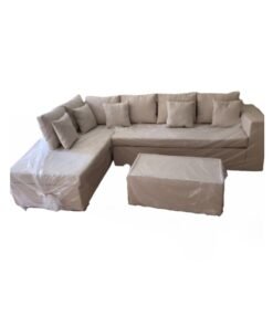 Maharat Al Bahar L Shape-Cerbo Diwan Velvet Sofa Set 5 Seaters With Cushion And Table  Beige 260x80x80