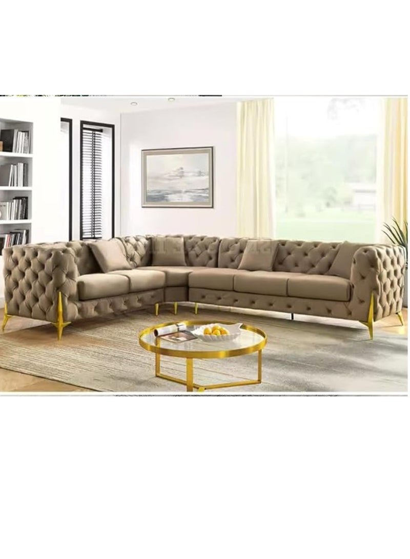 Maharat Al Bahar Luxury L-Shaped Mink Velvet Chesterfield Sofa - 6-Seater with Golden Legs - Timeless Elegance for Modern Living Rooms