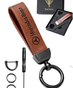 KeyAmor Luxurious Leather & Metal Keychain Mercedes Benz keychain – light brown Edition with Elegant light brown metal and leather keychain car key holder for adults. Stylish car keychain with 3 key rings, featuring the iconic logo, perfect as a fancy gift or car accessory. Designed in a sleek light brown colour for a refined and modern look, it offers 360-degree rotation for added convenience, is suitable for both men and women, and comes beautifully packaged in a fancy gift box.
