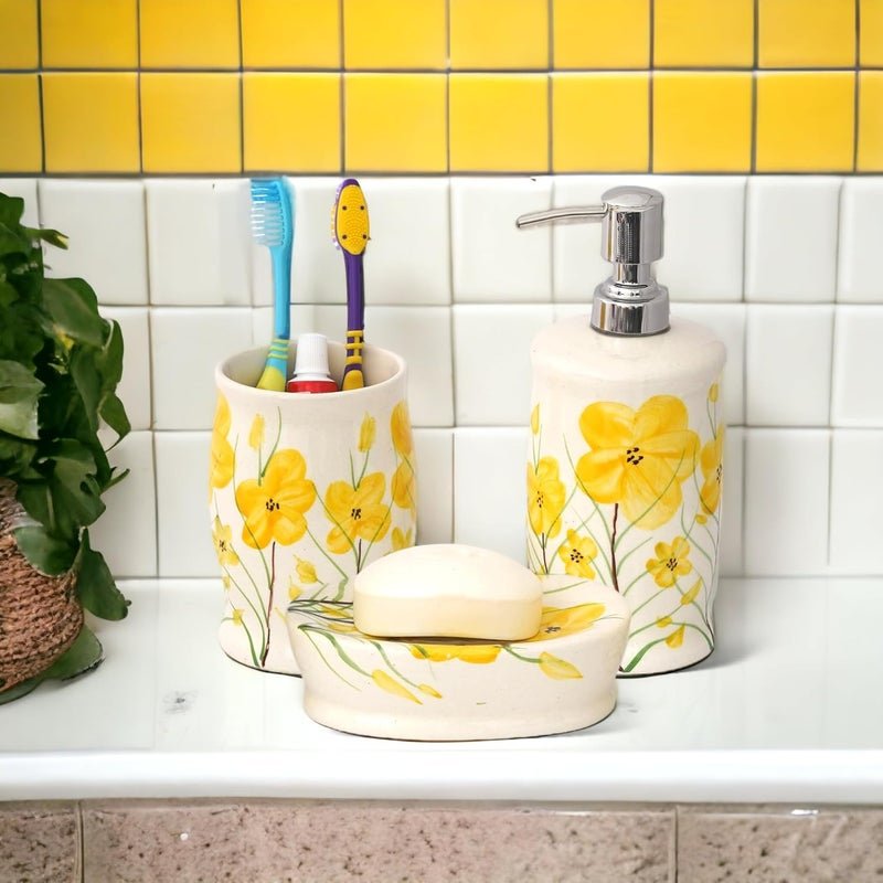 The Transit Story Premium Ceramic Bathroom Accessories Set of 3 | Modern Hand-Painted Bath Set with 300ml Soap Dispenser, Toothbrush Holder & Soap Dish | Bathroom Items | White & Yellow Floral Pattern