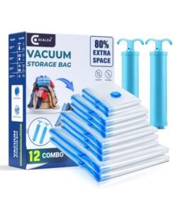ECALZA Vacuum Storage Bags - Pack of 12 (2Jumbo/4 Large/4 Medium/2 Pumps) Re-usable Travel Compression Storage Bags For Clothes, Comforters & Blankets - Space Saver Bags with Hand Pump