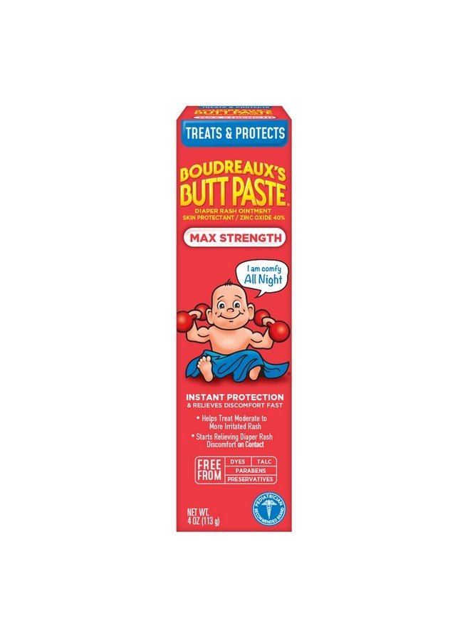 Boudreaux's Butt Paste Maximum Strength Diaper Rash Cream, Ointment For Baby, 4 Oz Tube