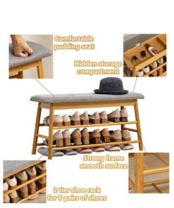 Alternative view of XiuWoo Bamboo Shoes Bench Seat Shoe Rack Storage Stool 2 Tier with Hidden Storage Compartment for Entryway Hallway Bedroom Living Room Shoes Shop 91*27*44cm
