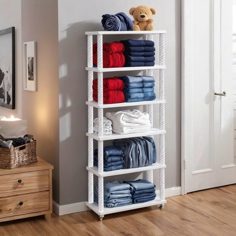 YouCopia Collapsible Wardrobe 6 Shelves Storage Clothes Storage Rack Quick Wardrobe/Cabinet/Multipurpose Storage Rack, Foldable, Collapsible Fabric Wardrobe Organizer with Wheels White
