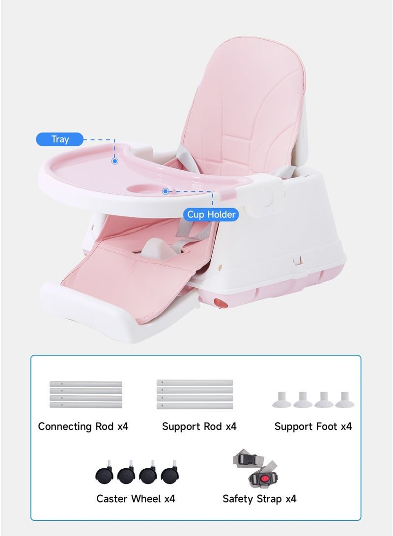 AL-WAHA AL-ZHABIA 4-in-1 Multi-Function Baby High Chair with Adjustable Height and Footrest | Double-Layer Food Tray, 360° Wheels & Safety Belt | Infant Feeding Chair for Babies 6 Months to 3 Years (Pink) - Image 3