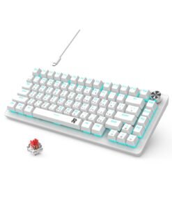 ROCK POW 70% Gaming Keyboard,Arabic English 82 Keys Mechanical Keyboard with Ice Blue Backlit 19 Modes, Volume Lighting Knob Wired Mini PBT Keycaps for PC Gaming and Working (Red Switch)White