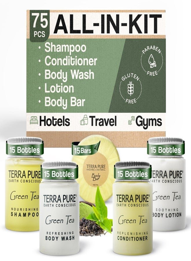 Terra Pure Hotel Soaps and Toiletries Bulk Set | 1-Shoppe All-In-Kit Amenities for Hotels | 1oz Hotel Shampoo & Conditioner, Body Wash, Body Lotion & 1.25oz Bar Soap Travel Size Toiletries | 75 Pieces
