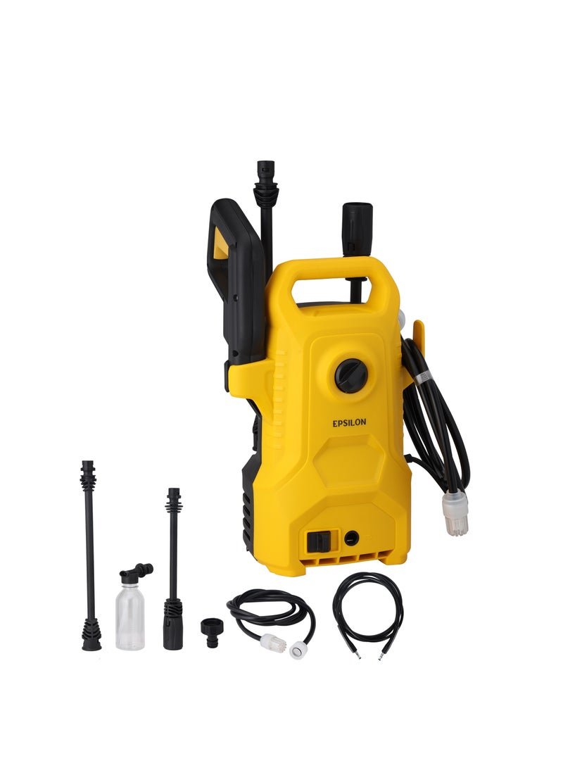 Epsilon 100-110 bar High Pressure Washer- EPSPW1639 | 5 - 7.5 L/min Maximum Flow, Includes Spray with Nozzle, 3 m Outlet and 2 m Inlet Pipe for Removing Mold, Grime, Dust, Mud, Dirt, etc. at Home, from Buildings, Vehicles, Concrete Road Surfaces, etc... | Black and Yellow, 1 Year Warranty