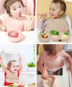 Super ZYouth 5-Pieces Silicone Baby Feeding Set, Baby Led Weaning Supplies with Suction Bowl and Divided Plate, Wooden Spoon and Fork, Toddler Tableware Set with Adjustable Soft Silicone Bib - Image 4