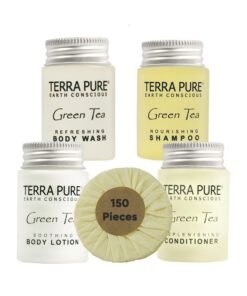 Terra Pure Hotel Soaps and Toiletries Bulk Set | 1-Shoppe All-In-Kit Amenities for Hotels | 1oz Hotel Shampoo & Conditioner, Body Wash, Body Lotion & 1.25oz Bar Soap Travel Size | 150 Pieces