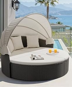 Patio Furniture Outdoor Round Daybed with Retractable Canopy Wicker Rattan Separated Seating Sectional Sofa for Patio Lawn Garden Backyard Porch