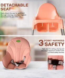 BAYBEE 2 in 1 Clento Baby High Chair for Kids, Baby Feeding Dining Chair with 2 Height Adjustable, Footrest, Tray, Stand, 3 Point Safety Belt | Kids High Chair for Baby 6 Months to 3 Years Boy Girl Pink - Image 4