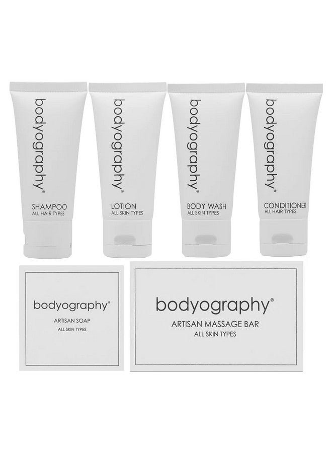 World Amenities - Bodyography Blanc Mini Travel Size Toiletries Bathroom Kit | Vanilla White Tea| Shampoo, Conditioner, Body Wash, Lotion, Artisan Soap and Massage Bar