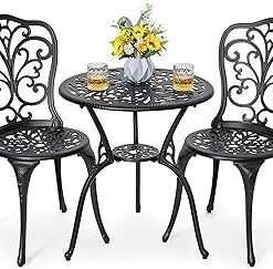 3 Piece Bistro Set Outdoor, All Weather Cast Aluminum Patio Bistro Sets Patio Table and Chairs Set of 2 with Umbrella Hole for Yard, Balcony, Black, Butterfly Backrest