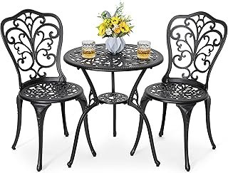 3 Piece Bistro Set Outdoor, All Weather Cast Aluminum Patio Bistro Sets Patio Table and Chairs Set of 2 with Umbrella Hole for Yard, Balcony, Black, Butterfly Backrest