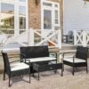 Deep Sleep 4-Piece Outdoor PE Rattan Corner Sofa Set with Cushions, Garden Furniture with Armchairs, Loveseat, Glass Top Table, and Black Rattan for Conservatories and Patios.