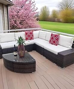 6-Piece Outdoor Rattan Sofa Set with Cushions & Triangle Glass Top Coffee Table | Modular Patio Furniture Sectional Set for Balcony, Garden, Terrace & Majlis Lounge | All-Weather PE Wicker