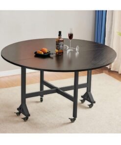Folding Dining Table, Movable Large Round Table with Wheels, Suitable for Living Rooms, Saving Space