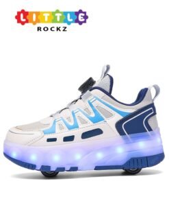 LITTLE ROCKZ Kids Four Wheel Roller Shoes Rechargeable LED Flash Light Sneaker Skate Heelys Shoes Blue
