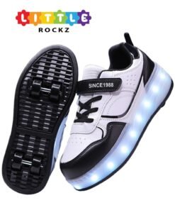 LITTLE ROCKZ Kids Four Wheel Roller Shoes Rechargeable LED Flash Light Sneaker Skate Heelys Shoes Black