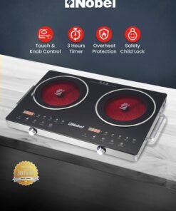 Nobel Double Ring Infrared Cooker, Touch & Knob Control, Tempered Glass Panel, Residual Heat Indicator, Stainless Steel Body NIC20I Black