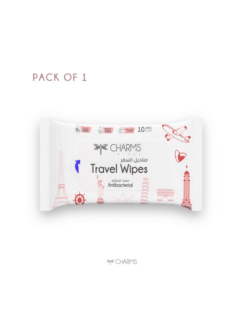 Charms Travel Wipes Antibacterial,10 Wipes (1Pack) - Enriched with Vitamin E, Ultra Soft & Gentle on Sensitive Skin, Alcohol & Paraben-Free, pH-Balanced