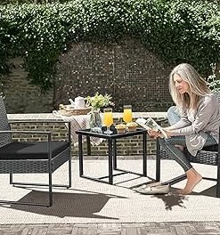 Outdoor Furniture 3 Pieces Balcony Garden Outdoor Furniture Set include 2 Rattan Chairs with Cushions and 1 Coffee Table