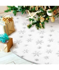 Chielor Christmas Tree Skirt, 48 Inches Large Snowy White Faux Fur Tree Skirt with Silver Snowy Pattern for Christmas Holiday Home Party Decorations Ornaments