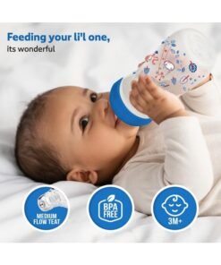 Luvlap Anti-Colic Slim/Regular Neck Essential Baby Plastic Feeding Bottle, 250Ml (Pack of 2), New Born/Infants/Toddler Upto 3 Years, Jungle Tales & Wild Flowers, BPA Free,Blue
