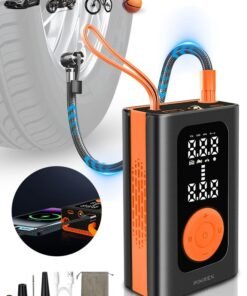 PINREK Car Tyre Inflator Portable Air Compressor,Cordless Electric Tire Inflator with 4000mAh/14.8Wh/7.4V Battery Power Bank/Auto Stop/SOS LED Light/LCD Digital Dual Display/Lanyard,150 PSI Cycle Air Pump for Car,Motorcycle,Bicycle,Ball