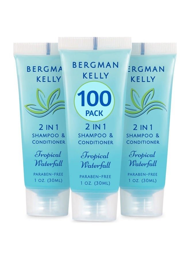 Bergman Kelly - Travel Size 2 in 1 Shampoo & Conditioner - 1 fl oz, 100 PK, Tropical Waterfall - Delight Your Guests w/Invigorating & Refreshing Shampoo Amenities - Small Hotel Toiletries in Bulk