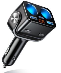 OZIO 5-in-1 USB-C Car Charger with Voltage Display – Dual Socket Power Splitter, Fast Charging Adapter for 12V/24V Vehicles, GPS, Dash Cam, Phone