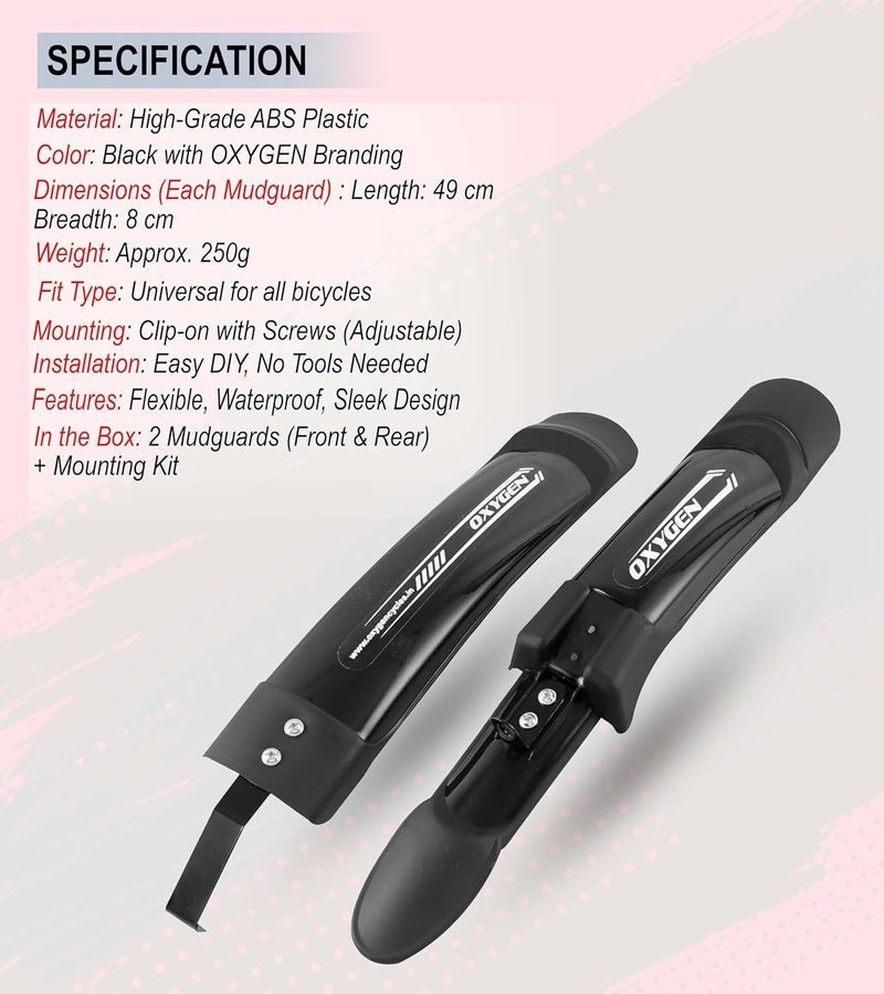 OXYGEN Cycle Mudguard Set for MTB Bicycle | Front & Rear Splash Guards for 24–29 Inch Wheels | Lightweight, Flexible Plastic Mudguards for Road, Mountain, Hybrid Bikes with 2.5 Inch Tire Compatibility - Image 5