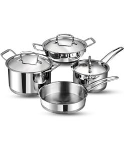 Vinod Classic Deluxe Stainless Steel Cookware Combo Set, 7Pcs |Saucepan(16cm/2.1 Litre)with Lid, Saucepot(20 cm/3.8 L), Kadai with Lid(20cm/1.8 L) & Frypan(20cm)|SAS Bottom|Induction & GasStove Friendly