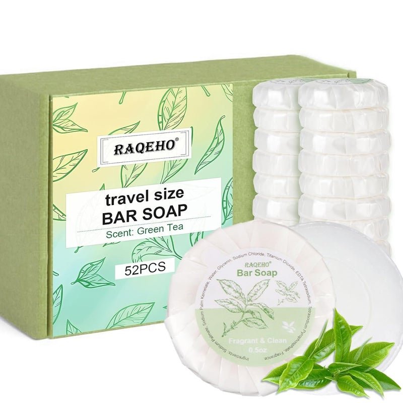 RAQEHO 52 Mini Bar Soap Bulk Travel Soap Individually Wrapped Body Bath Gentle Soap Bars Men Women Travel Size Toiletries for Homeless Hotel Essentials for Guest Bathroom AirbnbGreen Tea